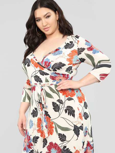 Milanoo Plus Size Maxi Dress White V-neck 3/4-Length Sleeve Floral Printed Polyester Summer Long Dre от Milanoo WW