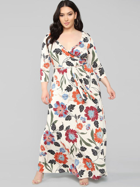 Milanoo Plus Size Maxi Dress White V-neck 3/4-Length Sleeve Floral Printed Polyester Summer Long Dre
