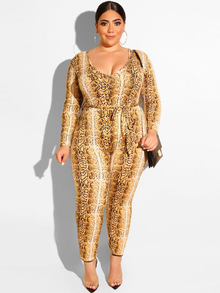 Milanoo Plus Size Jumpsuit V-neck Long Sleeve Python Print Polyester Casual One Piece Outfit