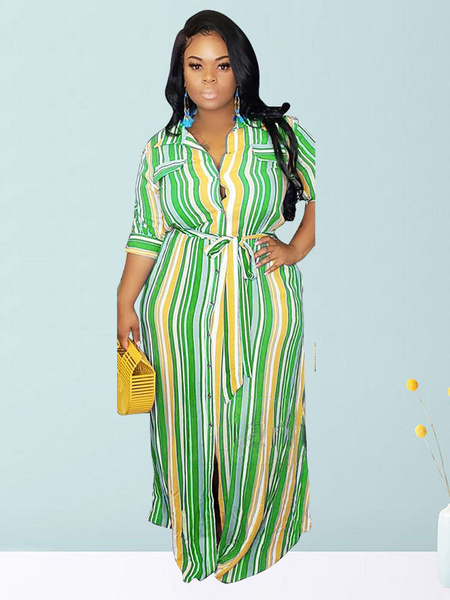 Milanoo Plus Size Maxi Dress Grass Green Turndown Collar Short Sleeve Lace Up Stripes Pattern Summer