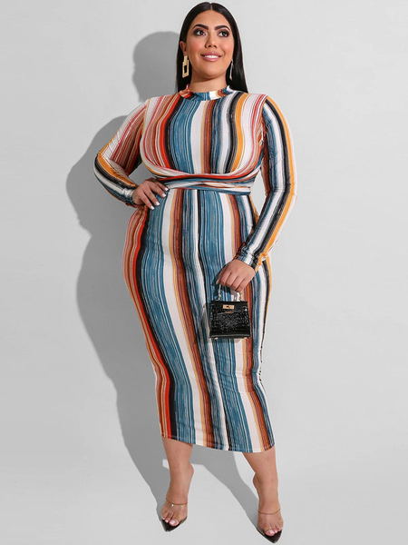 Milanoo Plus Size Bodycon Dress V-neck Lace Up Long Sleeve Polyester Stripes Pattern Cyan Long Dress от Milanoo WW