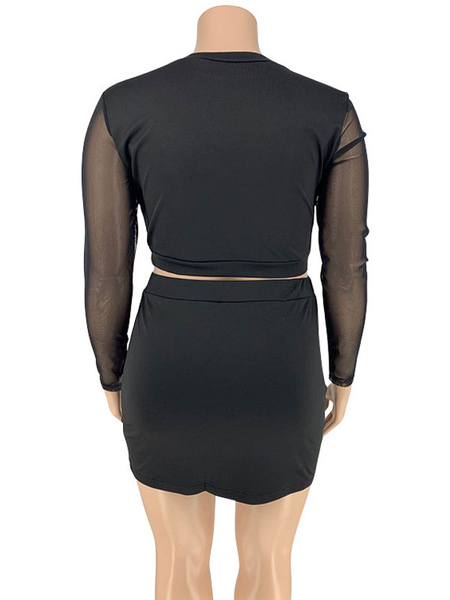Milanoo Plus Size 2-Piece Set For Women Black Jewel Neck Long Sleeve Polyester Blouse Bodycon Skirt от Milanoo WW