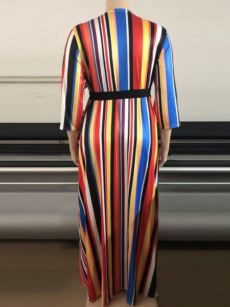 Milanoo Plus Size Long Dress Red Stripes Pattern V-neck Short Sleeve Polyester Summer Long Dress от Milanoo WW