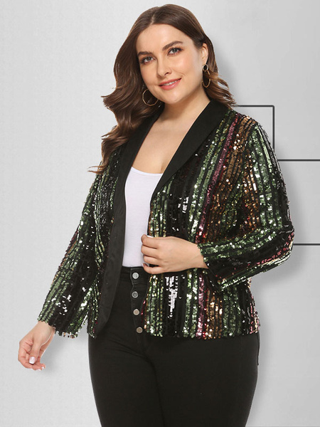 Milanoo Plus Size Jacket For Women Turndown Collar Long Sleeve Sequined Polyester Casual Short Jacke