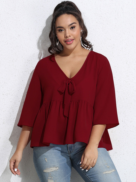 Milanoo Plus Size T-Shirt For Women V-neck Ruffles Lace Up 3/4-Length Sleeve Polyester Casual Blouse от Milanoo WW