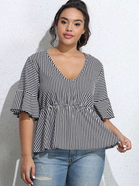 Milanoo Plus Size Blouse For Women V-Neck Pleated Lace Up Half-Sleeve Polyester Casual Summer Top от Milanoo WW
