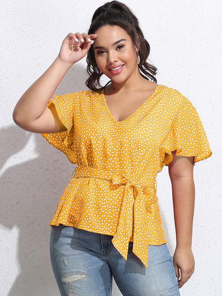 Milanoo Plus Size T-Shirt For Women V-Neck Pleated Lace Up Flared Half-Sleeve Casual Blouse Summer T от Milanoo WW