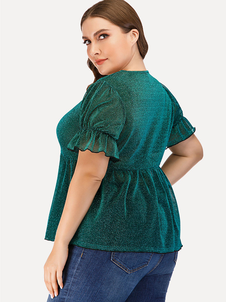Milanoo Plus Size Blouse For Women Green Polyester V-Neck Irregular Casual Ruffles Short Sleeves Sum от Milanoo WW