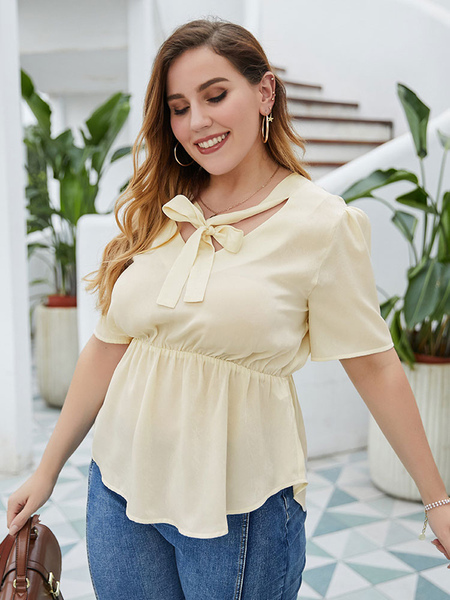Milanoo Plus Size Blouse For Women V-Neck Short Sleeves Polyester Casual Apricot Summer Top от Milanoo WW