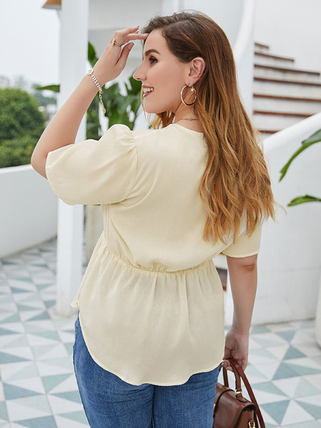 Milanoo Plus Size Blouse For Women V-Neck Short Sleeves Polyester Casual Apricot Summer Top от Milanoo WW