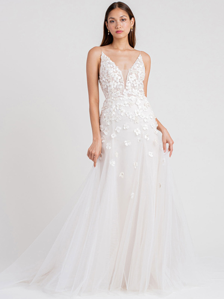 Milanoo White Wedding Dress Chapel Train A-Line Sleeveless Matte Satin V-Neck Lace Tulle Bridal Dres