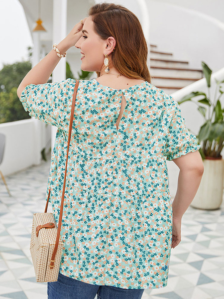 Milanoo Plus Size Blouse For Women Floral Printed Green Round Neck Short Sleeve Polyester Casual Sum от Milanoo WW