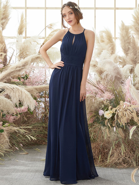 Milanoo Ink Blue Bridesmaid Dress A-Line Round Collar Zipper Floor-Length Polyester Long Prom Dress