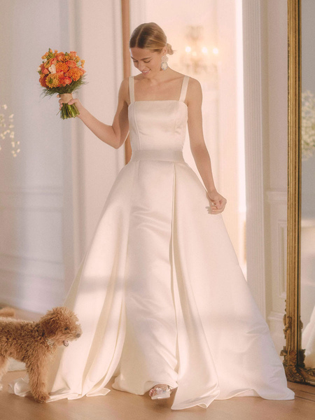Milanoo White Vintage Wedding Dresses Strapless Sleeveless Natural Waist Satin Fabric Floor-Length B