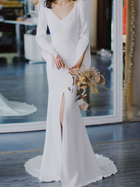 Milanoo White Simple Wedding Dress Satin Fabric V-Neck Long Sleeves Buttons Mermaid Bridal Gowns