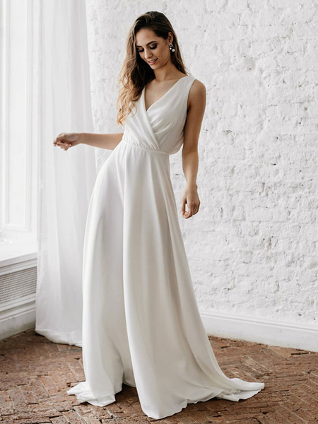 Milanoo White Simple Wedding Dress With Train V-Neck Sleeveless Backless Lace A-Line Chiffon Bridal
