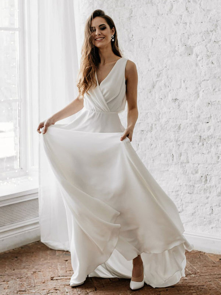 Milanoo White Simple Wedding Dress With Train V-Neck Sleeveless Backless Lace A-Line Chiffon Bridal