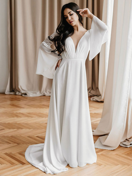 Milanoo White Simple Wedding Dress With Train A-Line V-Neck Long Sleeves Backless Chains Natural Wai
