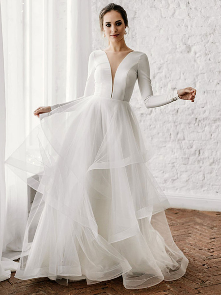 Milanoo White A-Line Wedding Dresses Floor-Length Long Sleeves Tiered V-Neck Natural Waist Floor Len