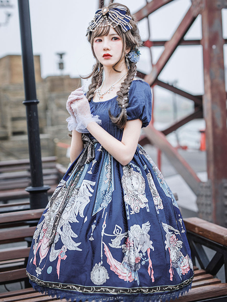 Milanoo Classic Lolita OP Dress Infanta Fairytale Theme Floral Print Pattern Deep Blue Lace Lolita O