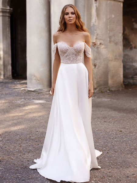 Milanoo Weißes einfaches Hochzeitskleid Satin Stoff trägerlos ärmellos ausgeschnitten A-Linie aus de