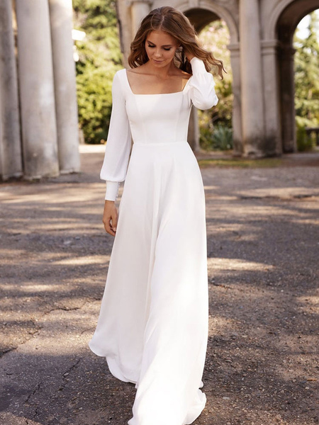 Milanoo White Simple Wedding Dress Satin Fabric Square Neck Long Sleeves A-Line Floor Length Bridal