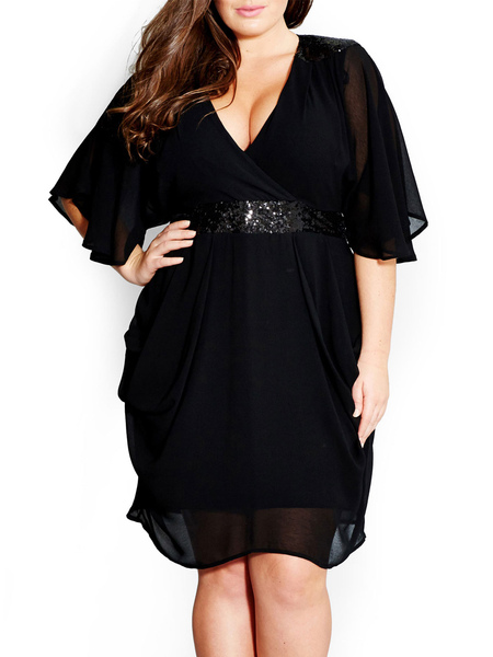 Milanoo Black Party Dress For Mother Of The Bride V-Neck Half Sleeves Sheath Pleated Chiffon Guest D