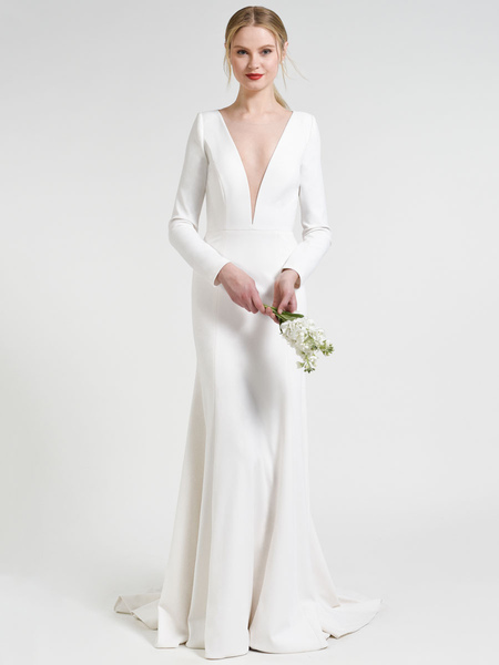 Milanoo White Simple Wedding Dress Court Train Satin Fabric V-Neck 3/4 Length Sleeves Mermaid Bridal
