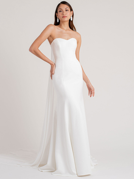 Milanoo White Simple Wedding Dress Sheath Strapless Sleeveless Buttons Chapel Train Matte Satin Brid