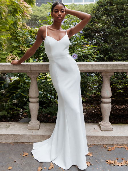 Milanoo White Simple Wedding Dress Mermaid V-Neck Sleeveless Spaghetti Straps Natural Waist Satin Fa