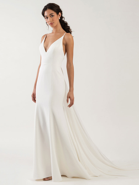 Milanoo White Simple Wedding Dress Spaghetti Straps Satin Fabric V-Neck Sleeveless Ruffles Mermaid B