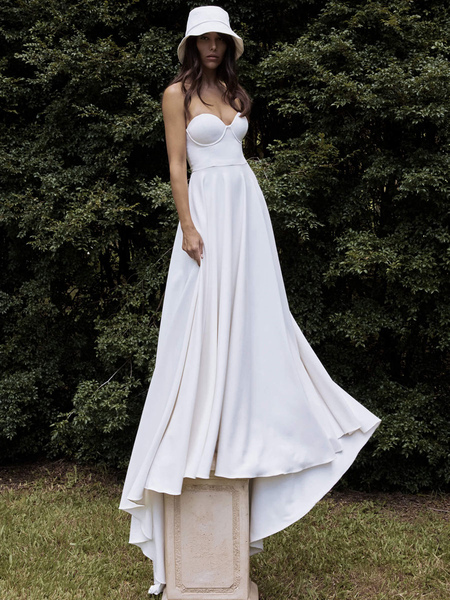 Milanoo White Simple Wedding Dress Satin Fabric Strapless Sleeveless A-Line Natural Waist Bridal Dre