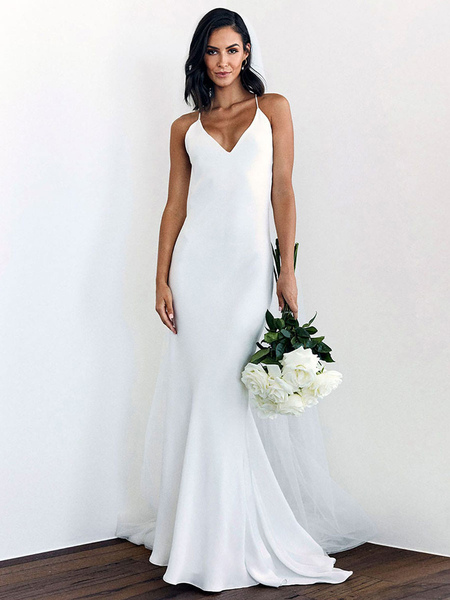 Milanoo Weißes einfaches Hochzeitskleid Meerjungfrau V-Ausschnitt Ärmellose, kreuz und quer verlaufe