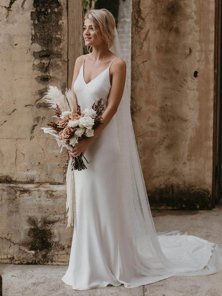 Milanoo White Simple Wedding Dress With Train Sheath V-Neck Spaghetti Straps Sleeveless Natural Wais