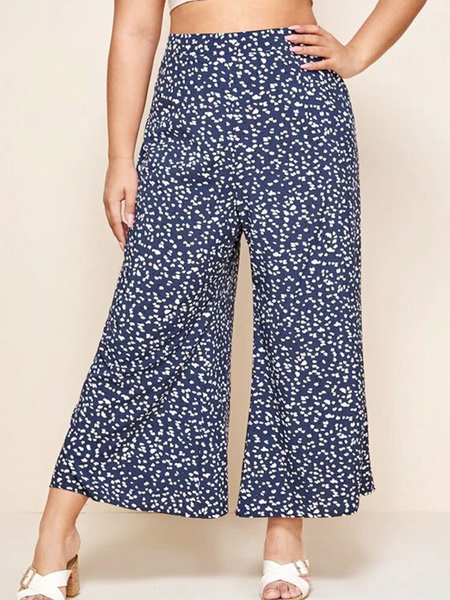 Milanoo Plus Size Trousers Navy Blue Floral Printed Pattern Lycra Spandex Casual Long Pants