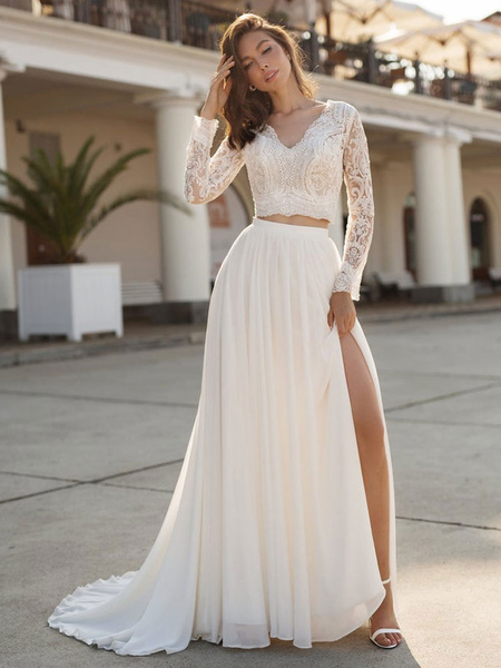 Milanoo Weißes einfaches Hochzeitskleid Chiffon V-Ausschnitt Lange Ärmel ausgeschnitten A-Linie Spli