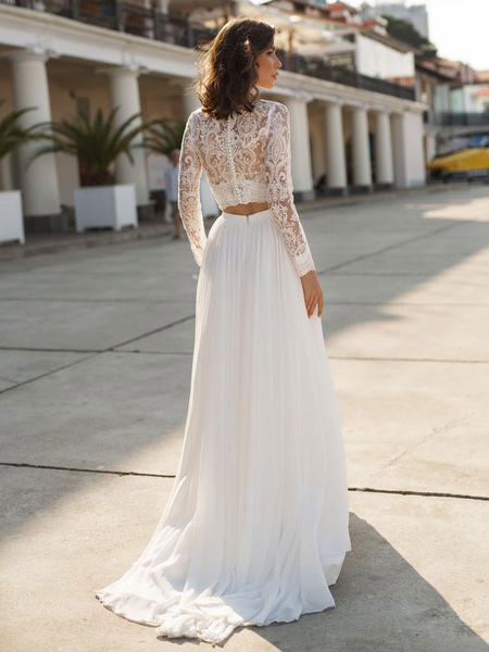 Milanoo Weißes einfaches Hochzeitskleid Chiffon V-Ausschnitt Lange Ärmel ausgeschnitten A-Linie Spli