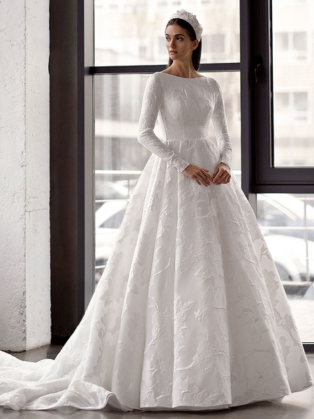 Milanoo White Simple Wedding Dress With Train A-Line Jewel Neck Long Backless Sleeves Satin Fabric B