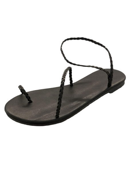 Milanoo Women Blakc Flat Sandals Chic Round Toe Flat Heel PU Leather Ankle Strap Flat Sandals