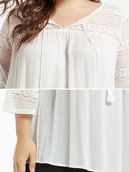 Milanoo Plus Size White Blouse For Women Jewel Neck Rib Knit Cuff Long Sleeve Layered Cotton Casual от Milanoo WW