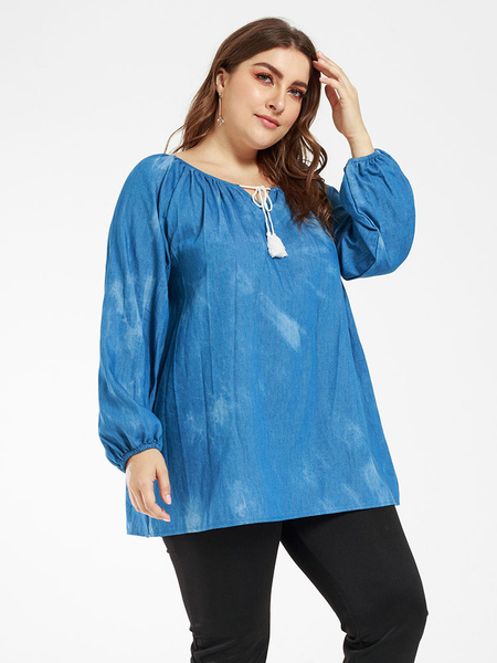 Milanoo Plus Size T-shirt For Women Royal Blue Long Sleeves Layered Denim Blouse от Milanoo WW