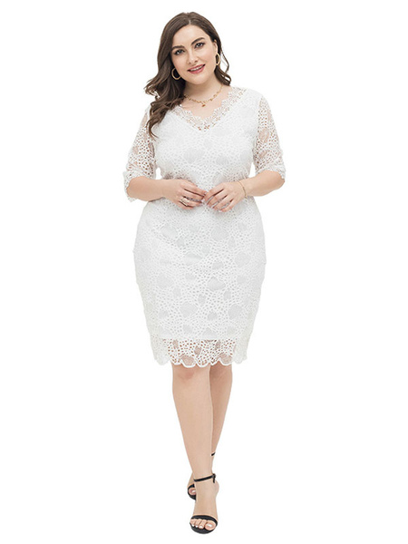 

Milanoo Plus Size White Dress V-neck Illusion Half Sleeves Layered Nylon Lace Bodycon Dress