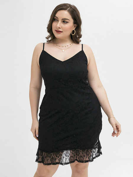 Milanoo Plus Size Black Dress V-neck Sleeveless Polyester Knee Length Summer Dress