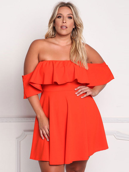 Milanoo Plus Size Orange Red Dress Bateau Neck Strapless Half-Sleeve Polyester Open Shoulder Summer