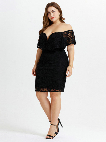 Milanoo Plus Size Black Dress Bateau Neck Off The Shoulder Short Sleeves Nylon Summer Midi Dress