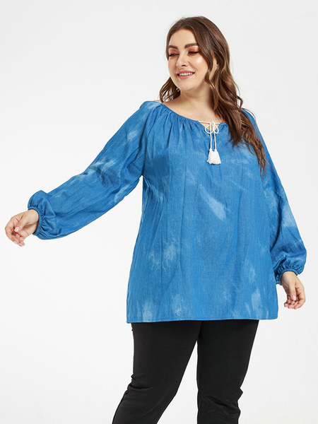 Milanoo Plus Size T-shirt For Women Royal Blue Long Sleeves Layered Denim Blouse от Milanoo WW
