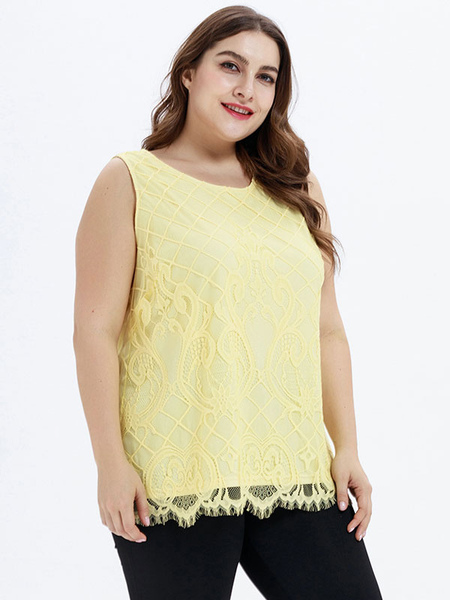 Milanoo Plus Size Light Yellow Blouse For Women Jewel Neck Sleeveless Casual Summer Top от Milanoo WW