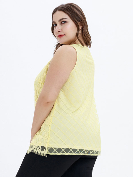 Milanoo Plus Size Light Yellow Blouse For Women Jewel Neck Sleeveless Casual Summer Top от Milanoo WW