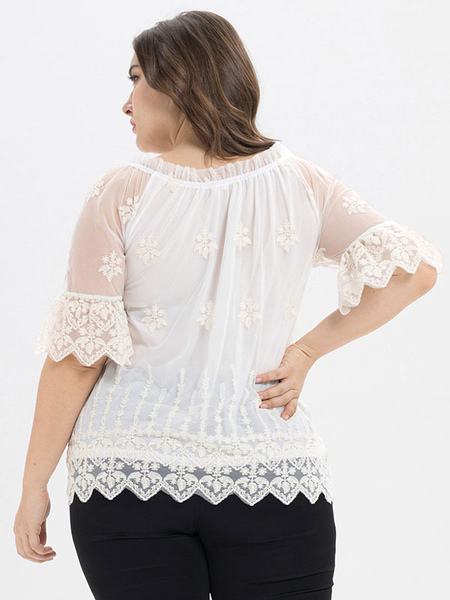 Milanoo Plus Size White T-Shirt For Women Bateau Neck Half Sleeves Lace Ruffles Summer Top Casual Bl от Milanoo WW