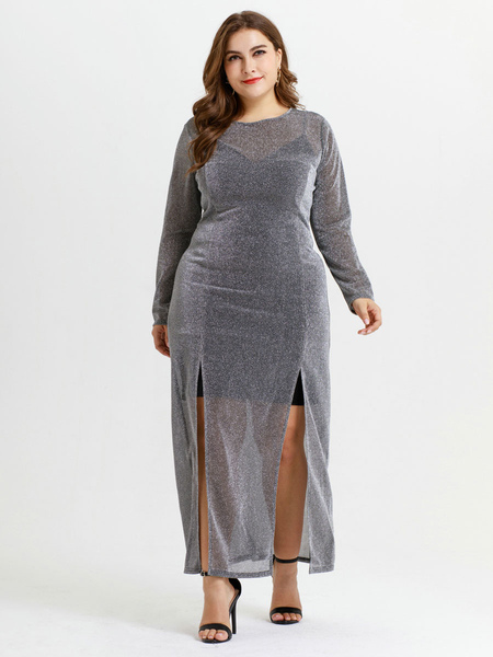 Milanoo Plus Size Long Dress Jewel Neck Long Sleeve Tatting Floor Length Maxi Dress